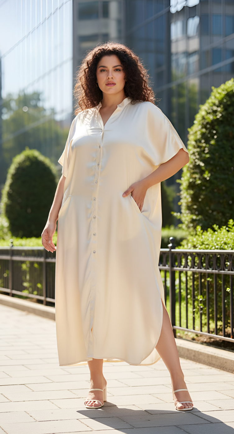 Cream Solid Satin Plus Size Button Kaftan Dress For Women