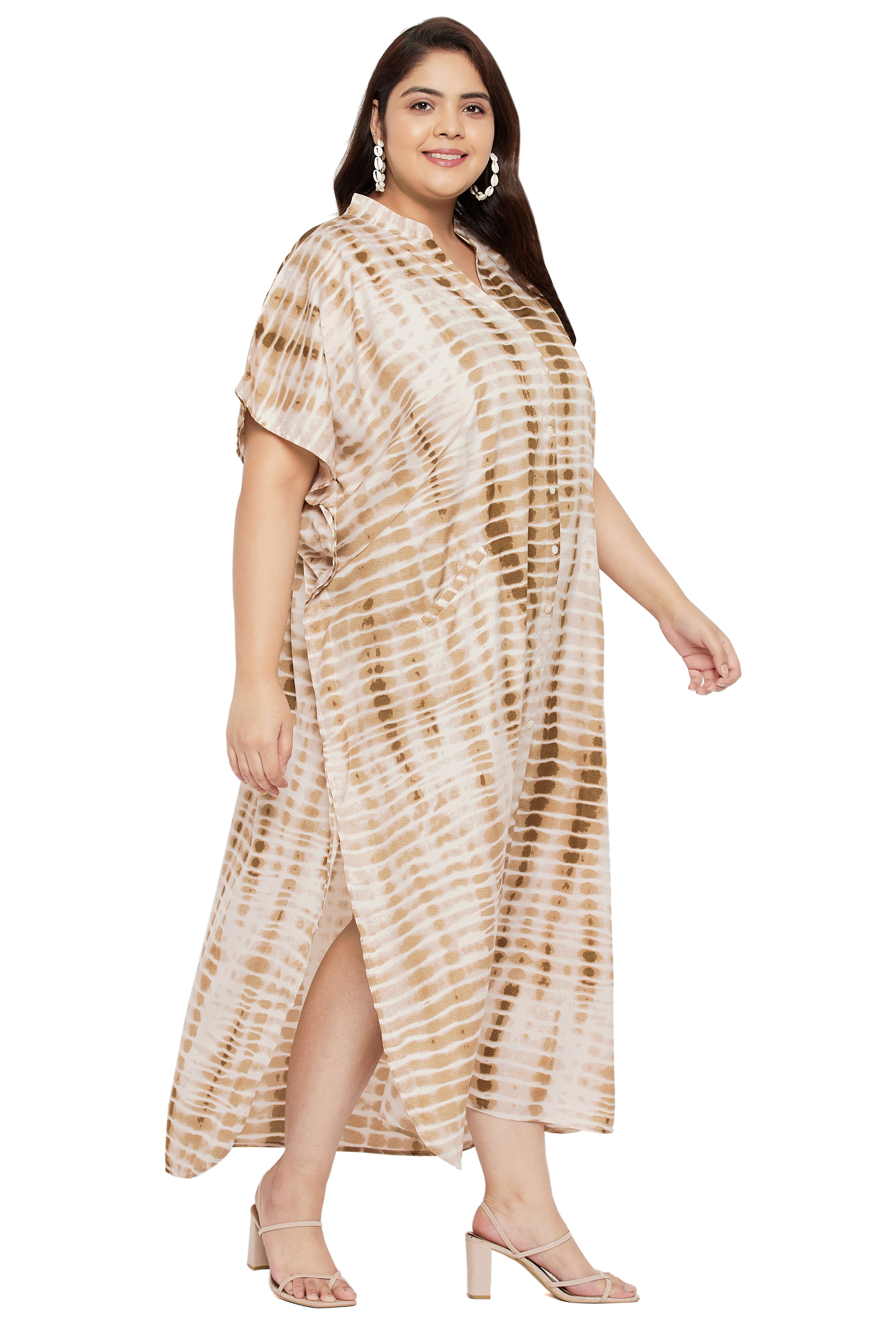 Tie dye Polyester Faux Placket Plus Size Kaftan Dress for Women