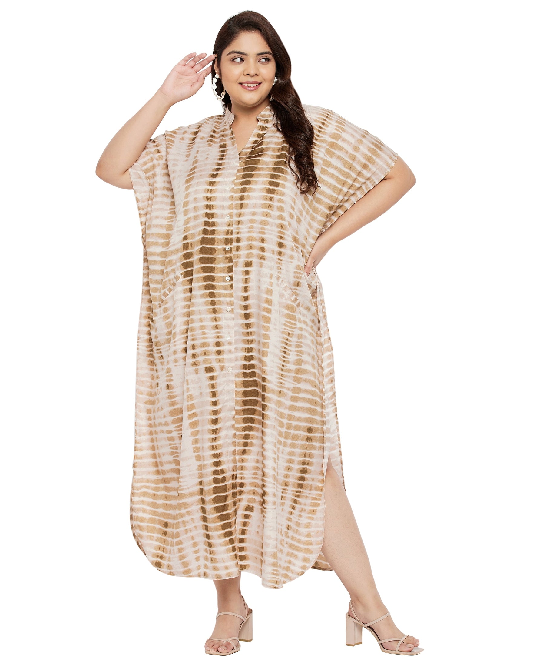 Tie dye Polyester Faux Placket Plus Size Kaftan Dress for Women