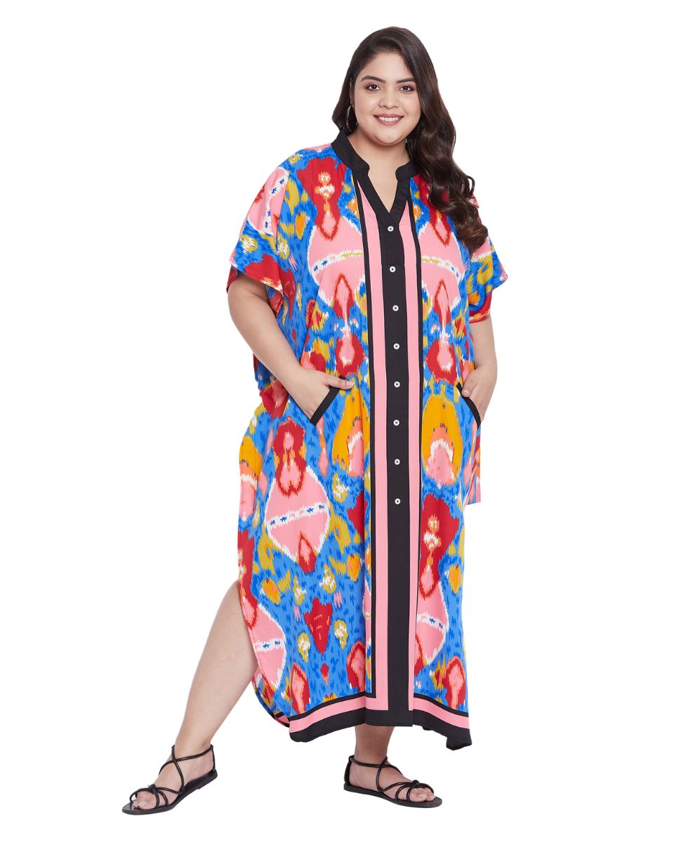 Women Abstract Multicolor Plus Size Button Kaftan Faux Placket Drawstring