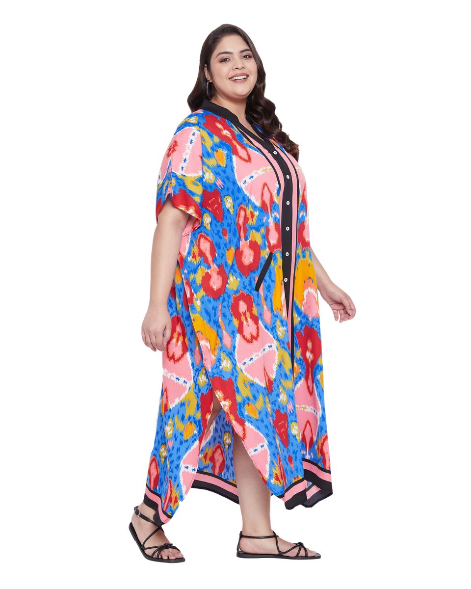 Women Abstract Multicolor Plus Size Button Kaftan Faux Placket Drawstring