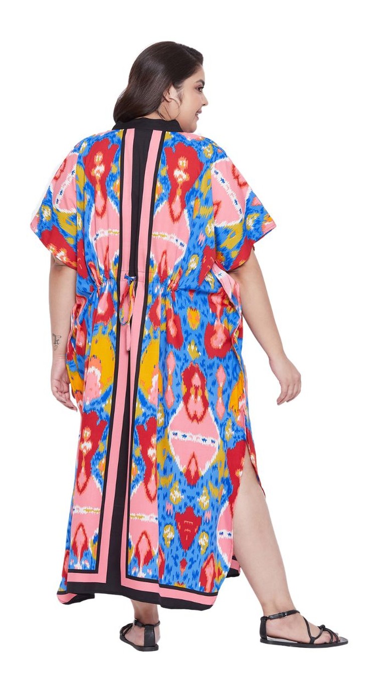 Women Abstract Multicolor Plus Size Button Kaftan Faux Placket Drawstring - SKU FPK-1012 - Gypsie Blu