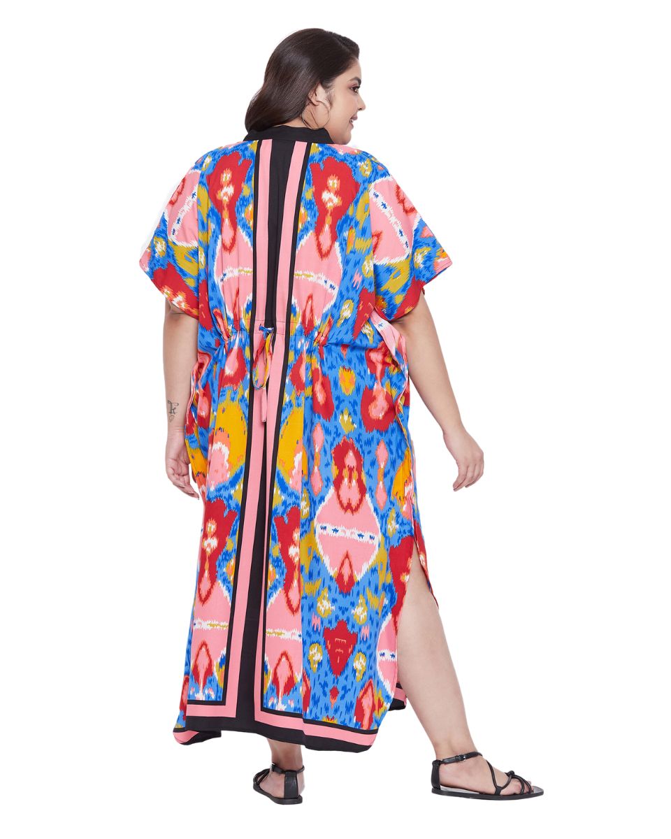 Women Abstract Multicolor Plus Size Button Kaftan Faux Placket Drawstring