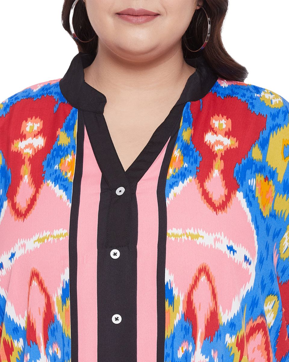 Women Abstract Multicolor Plus Size Button Kaftan Faux Placket Drawstring