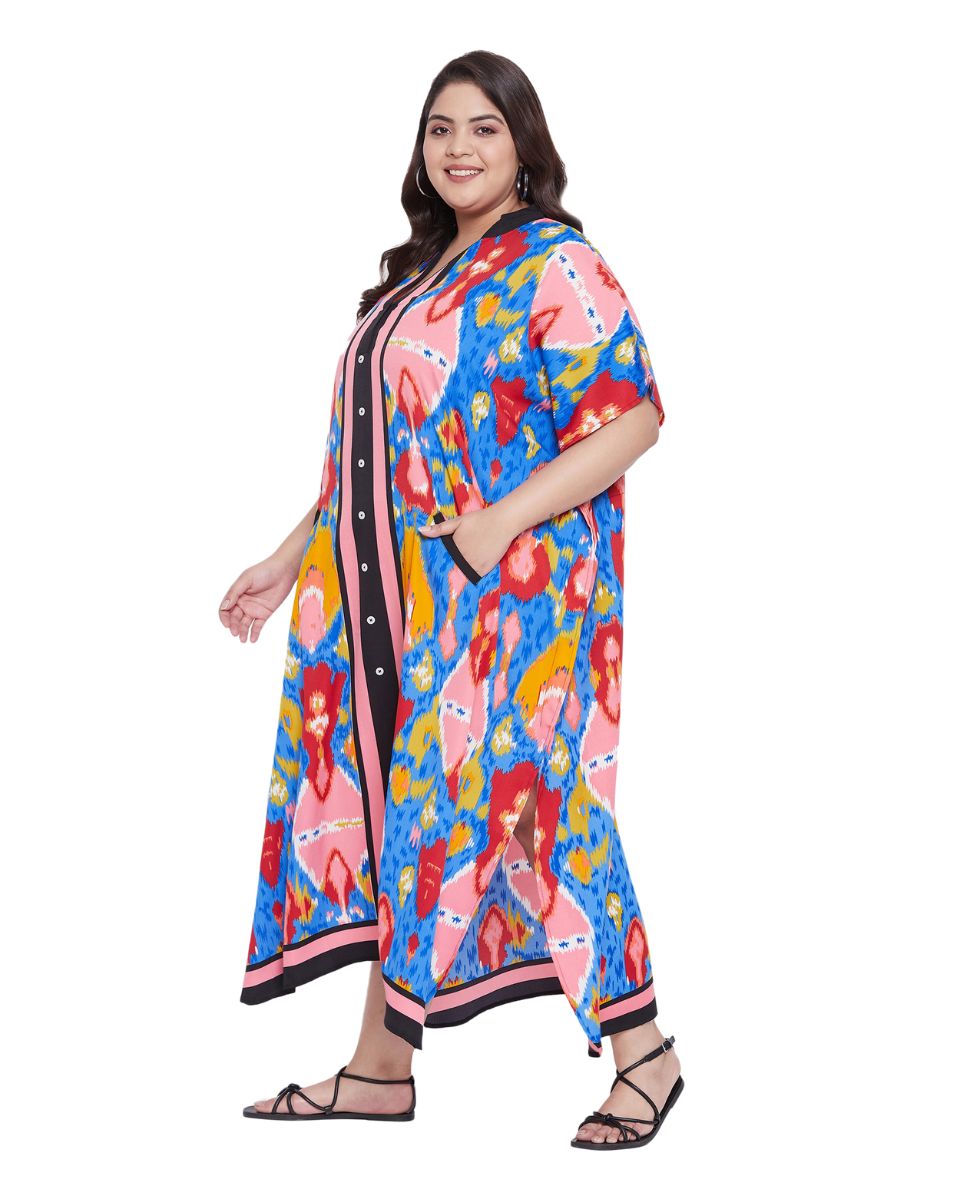 Women Abstract Multicolor Plus Size Button Kaftan Faux Placket Drawstring