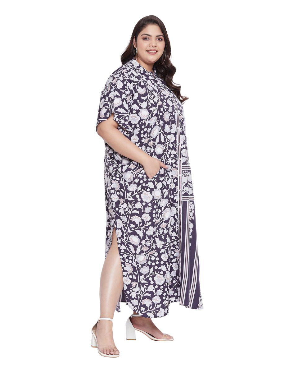 Purple Button Polyester Kaftan With Faux Placket For Plus Size Women