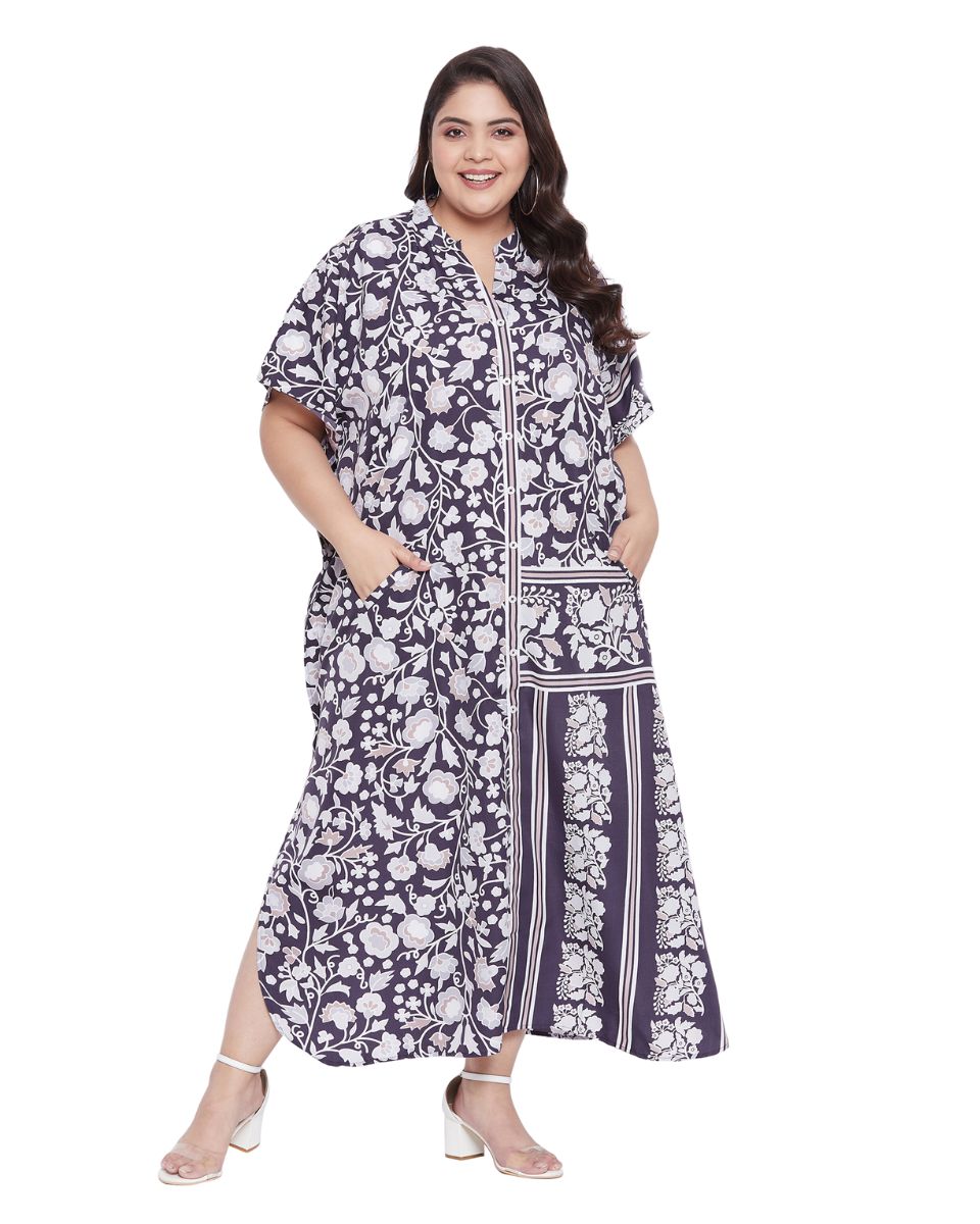 Purple Button Polyester Kaftan With Faux Placket For Plus Size Women