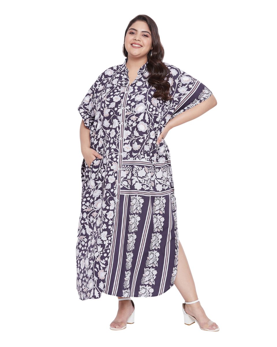 Purple Button Polyester Kaftan With Faux Placket For Plus Size Women