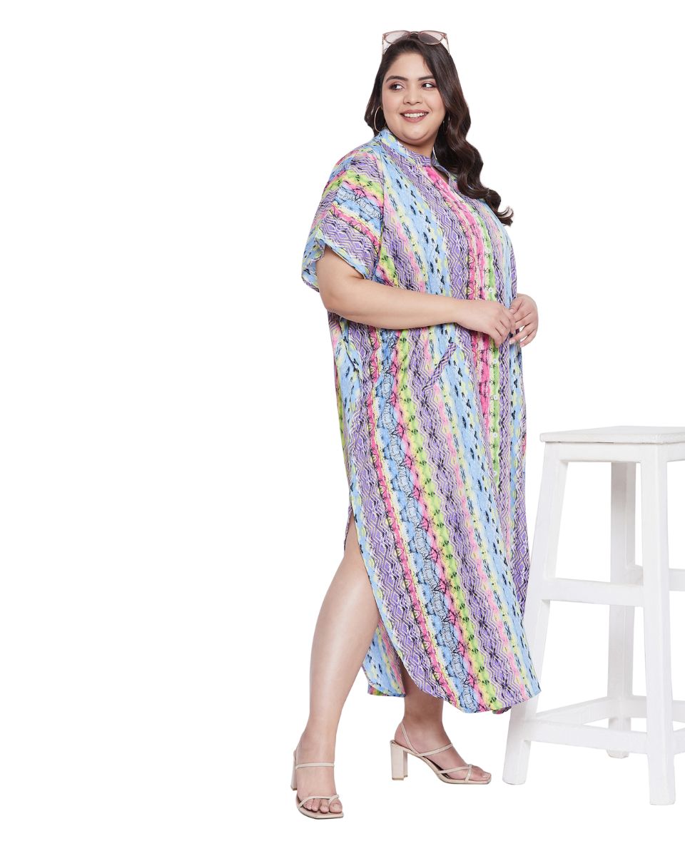 Faux Placket Button Striped Plus Size Polyester Kaftan For Women