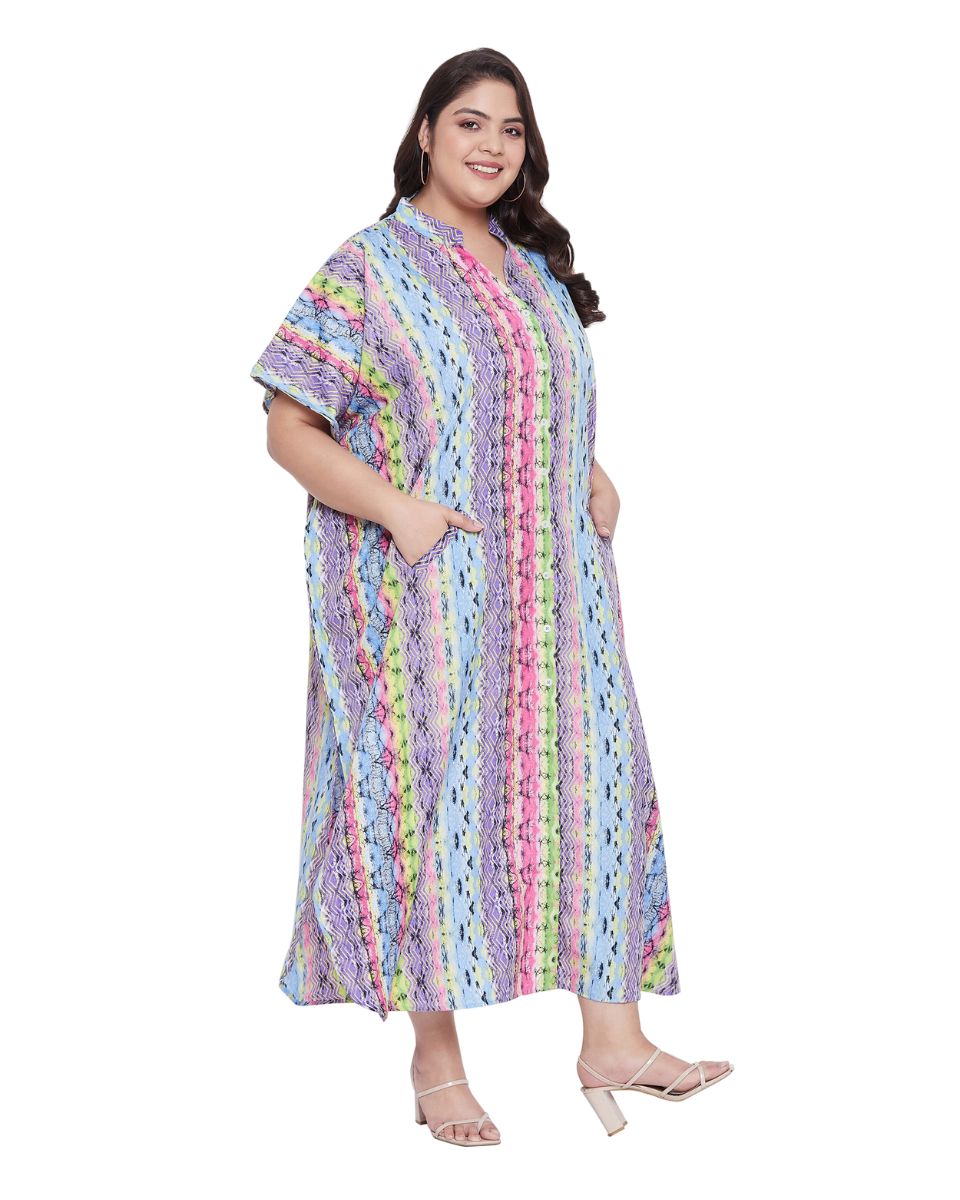 Faux Placket Button Striped Plus Size Polyester Kaftan For Women