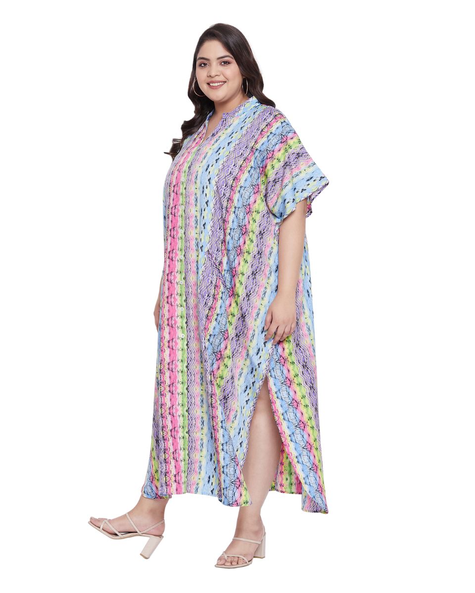 Faux Placket Button Striped Plus Size Polyester Kaftan For Women