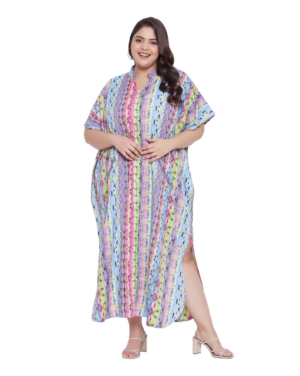 Faux Placket Button Striped Plus Size Polyester Kaftan For Women