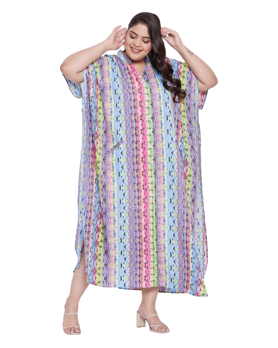 Faux Placket Button Striped Plus Size Polyester Kaftan For Women