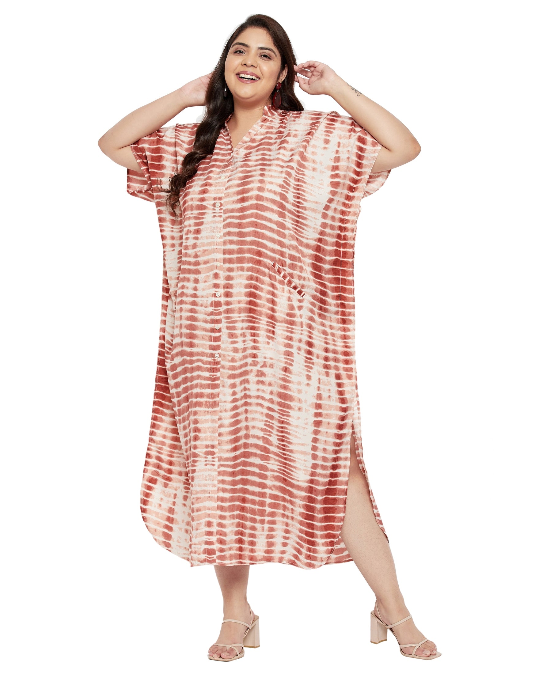 Tie dye Polyester Faux Placket Plus Size Kaftan Dress for Women