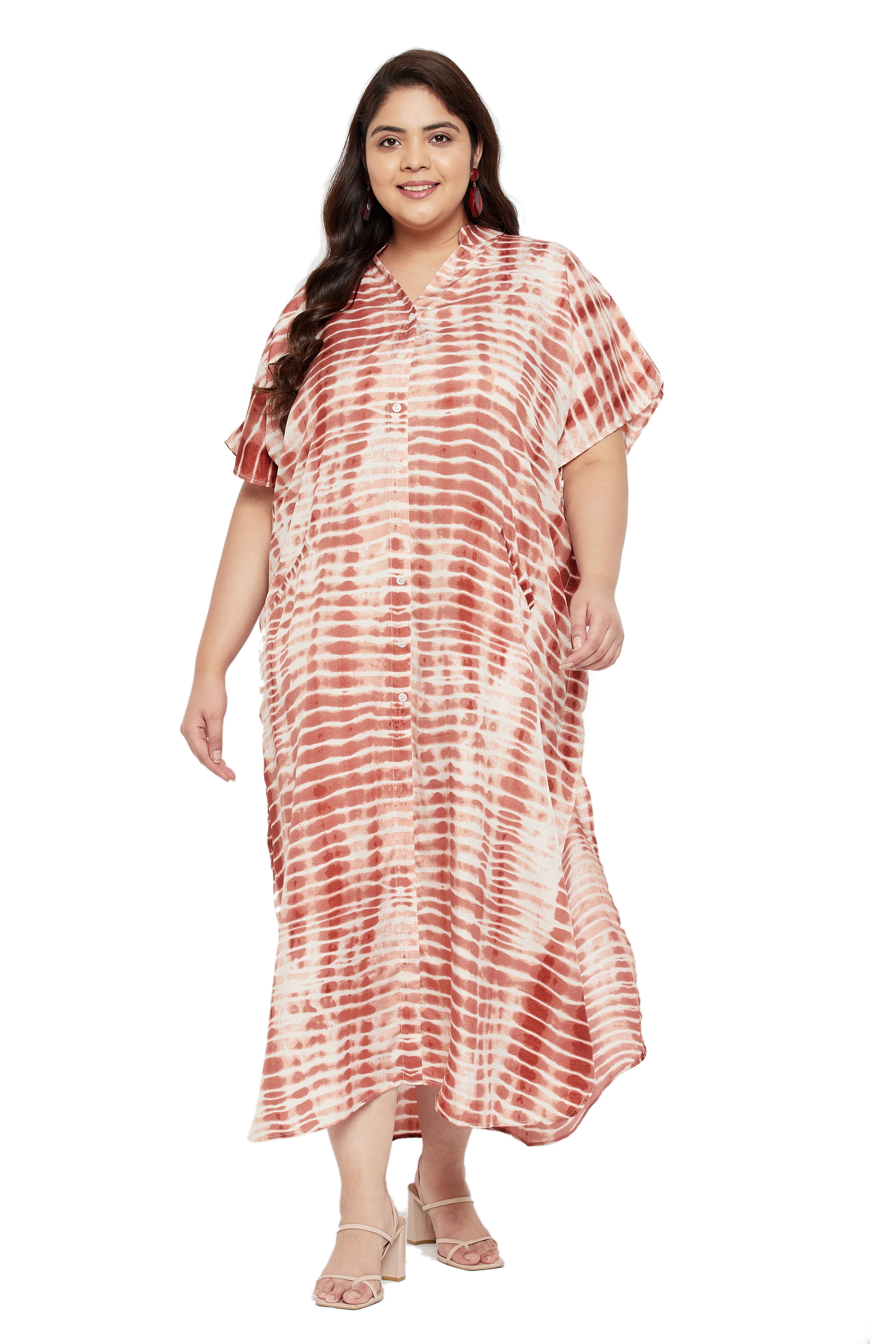 Tie dye Polyester Faux Placket Plus Size Kaftan Dress for Women