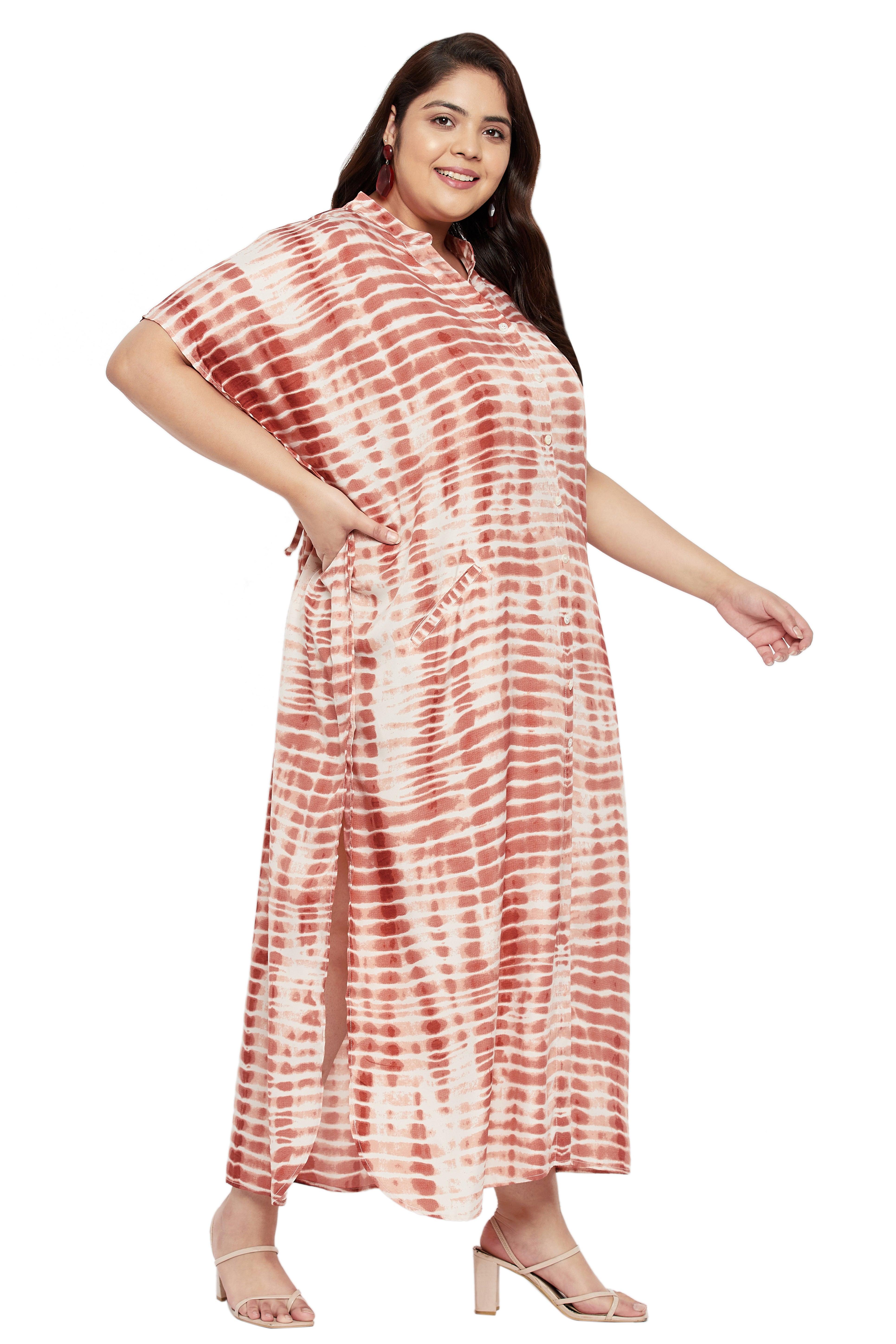 Tie dye Polyester Faux Placket Plus Size Kaftan Dress for Women