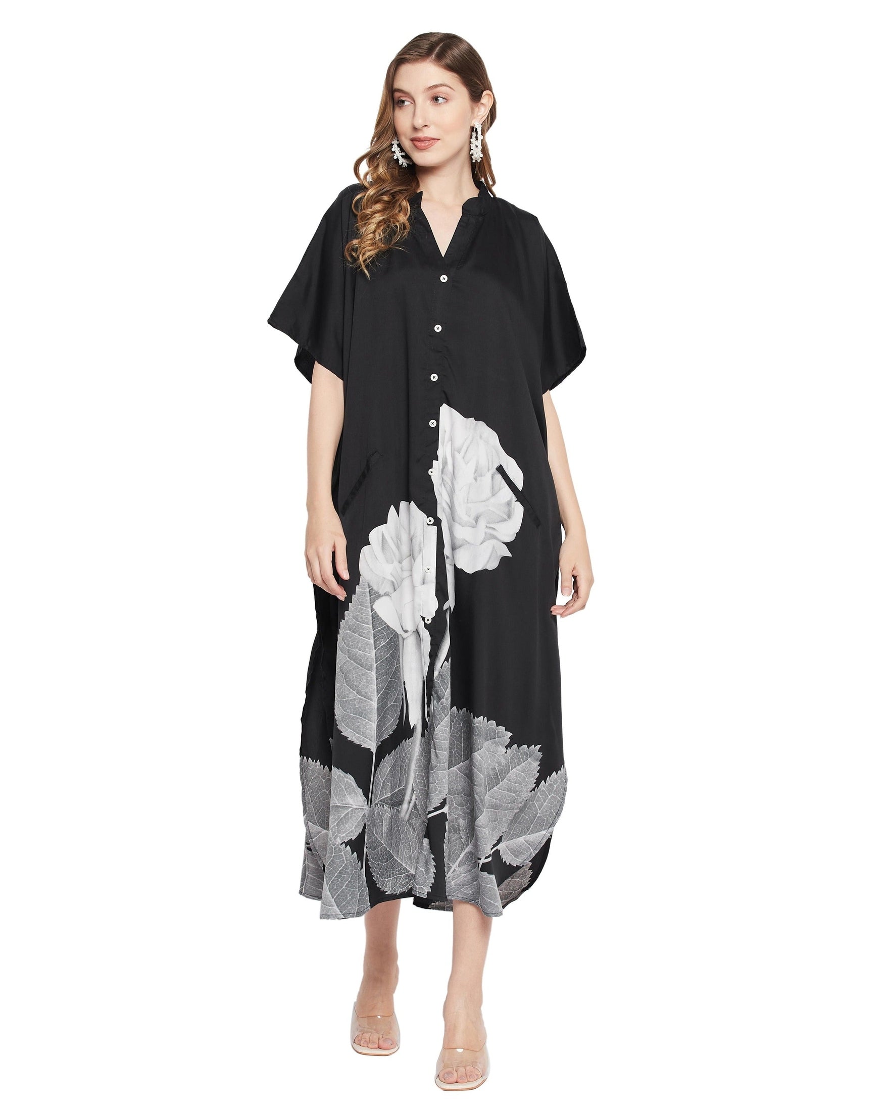 Black And White Floral Polyester Kaftan For Plus Size Women