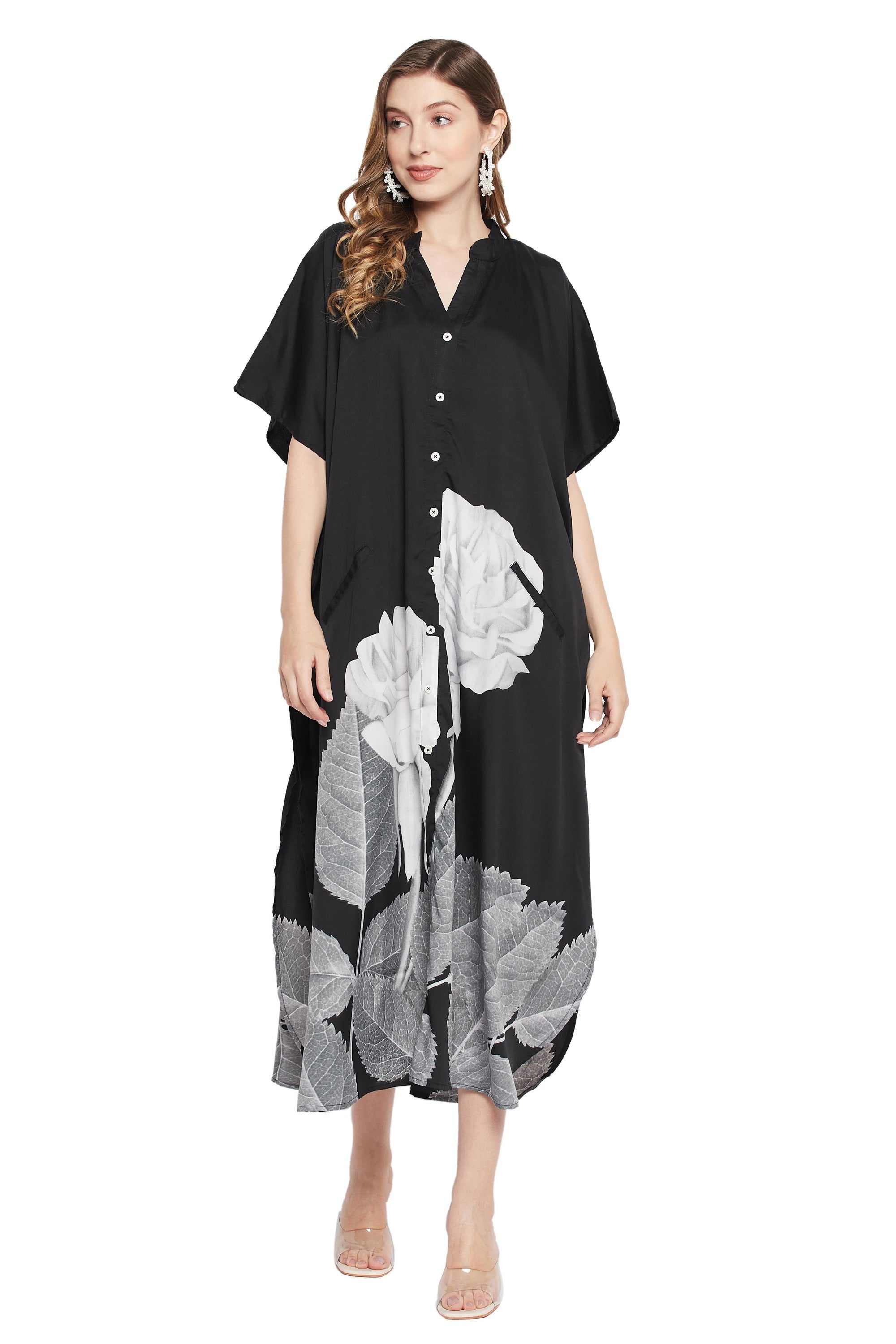 Black And White Floral Polyester Kaftan For Plus Size Women