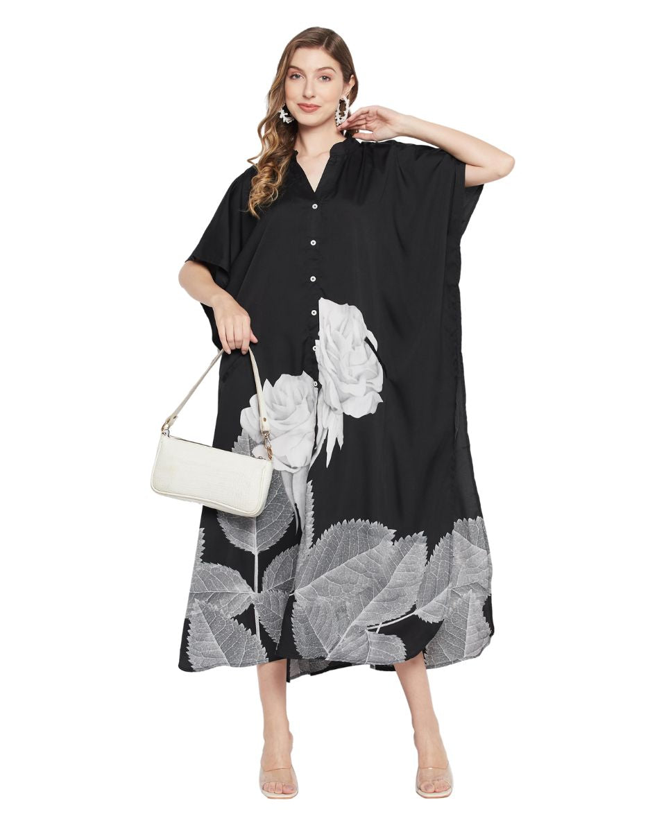 Black And White Floral Polyester Kaftan For Plus Size Women