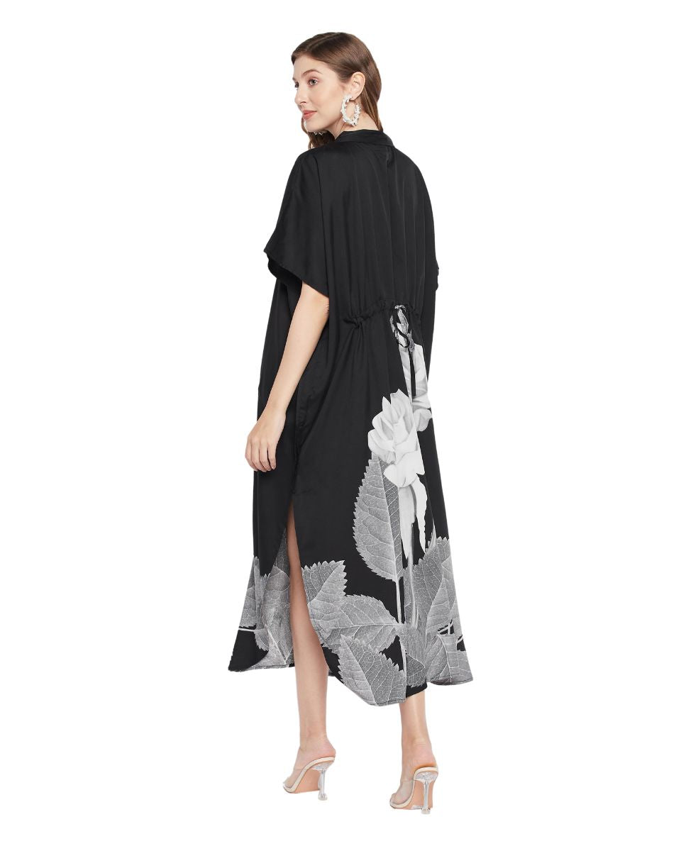 Black And White Floral Polyester Kaftan For Plus Size Women