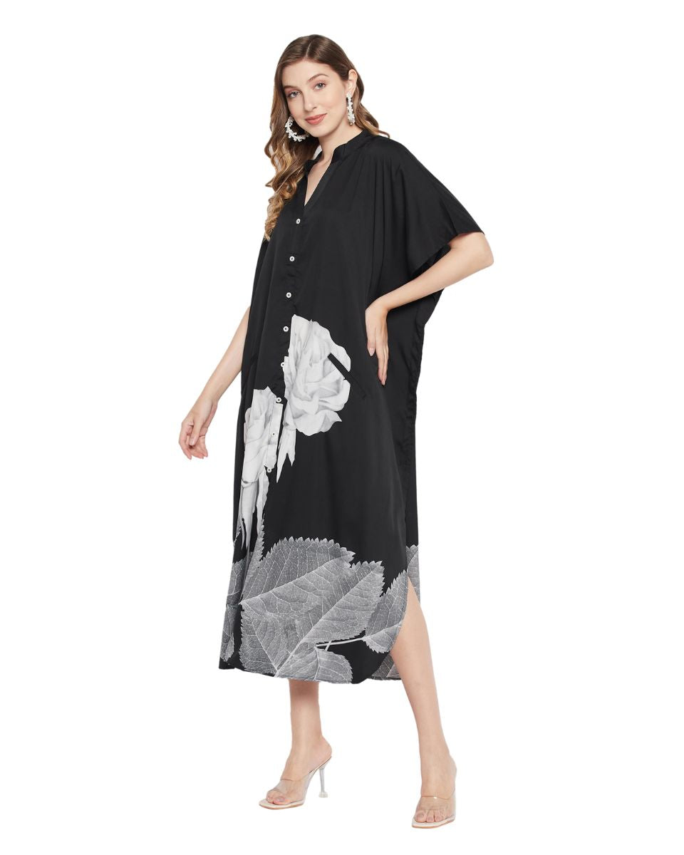 Black And White Floral Polyester Kaftan For Plus Size Women