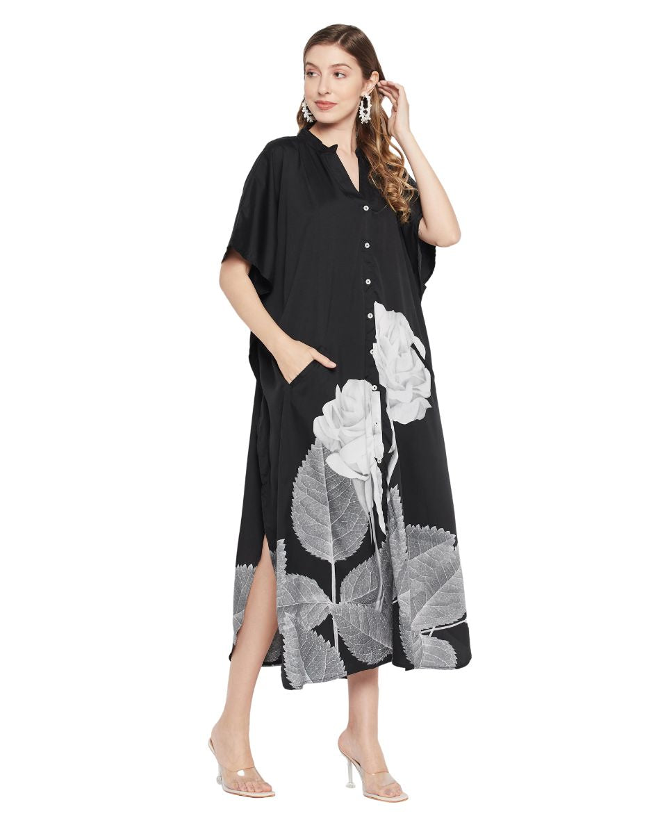 Black And White Floral Polyester Kaftan For Plus Size Women