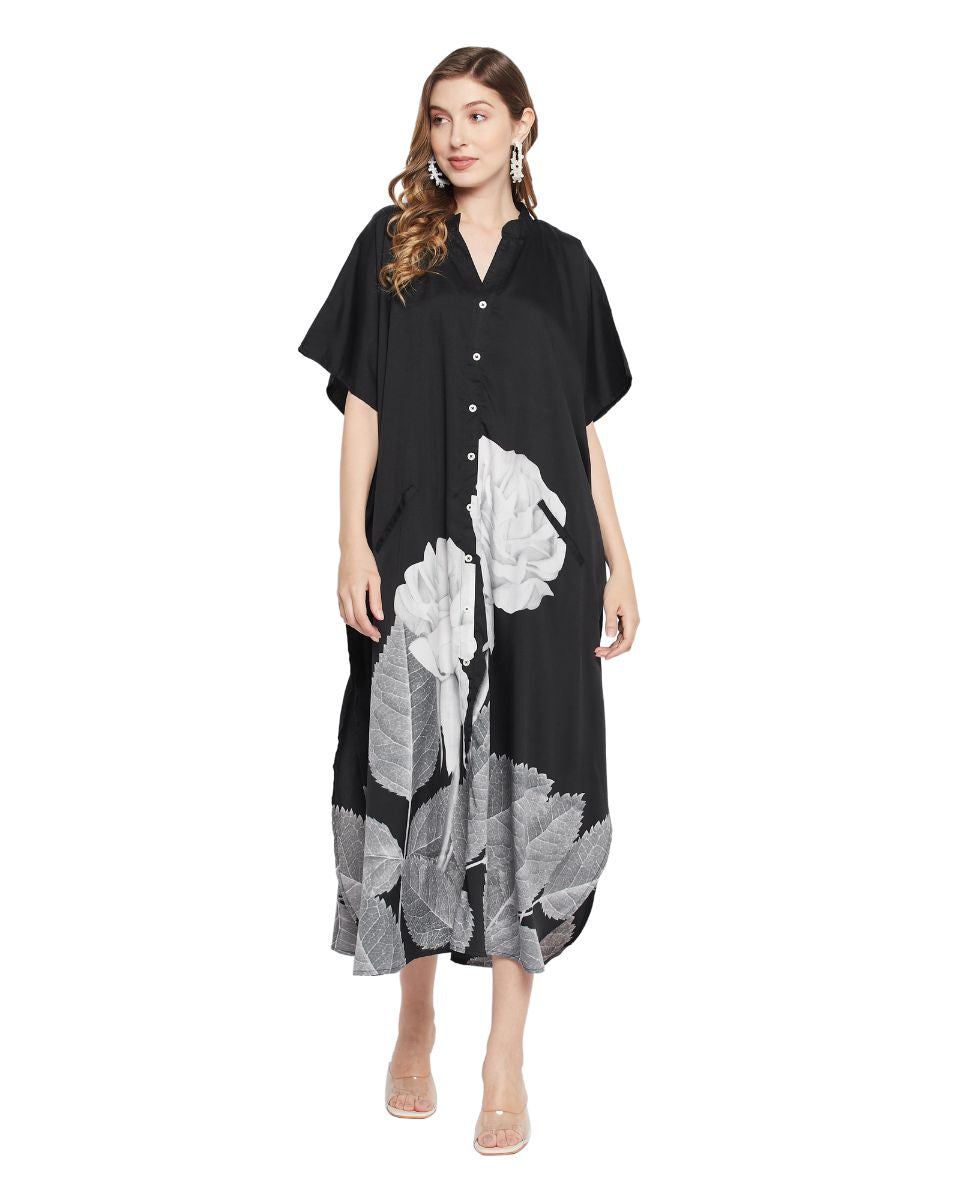 Black And White Floral Polyester Kaftan For Plus Size Women