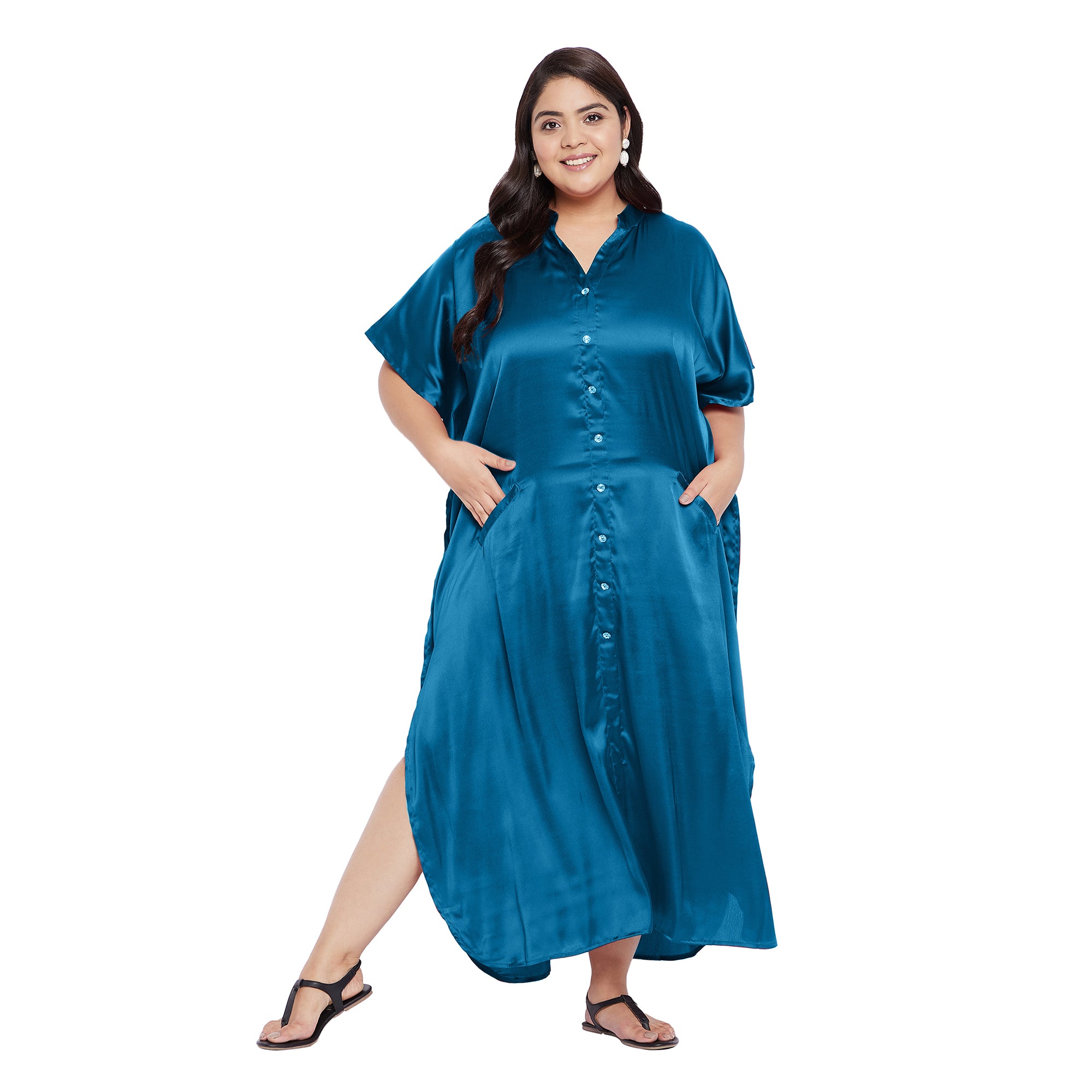 Solid Blue Satin Button Down Kaftan Plus Size Dress with Pockets for Women