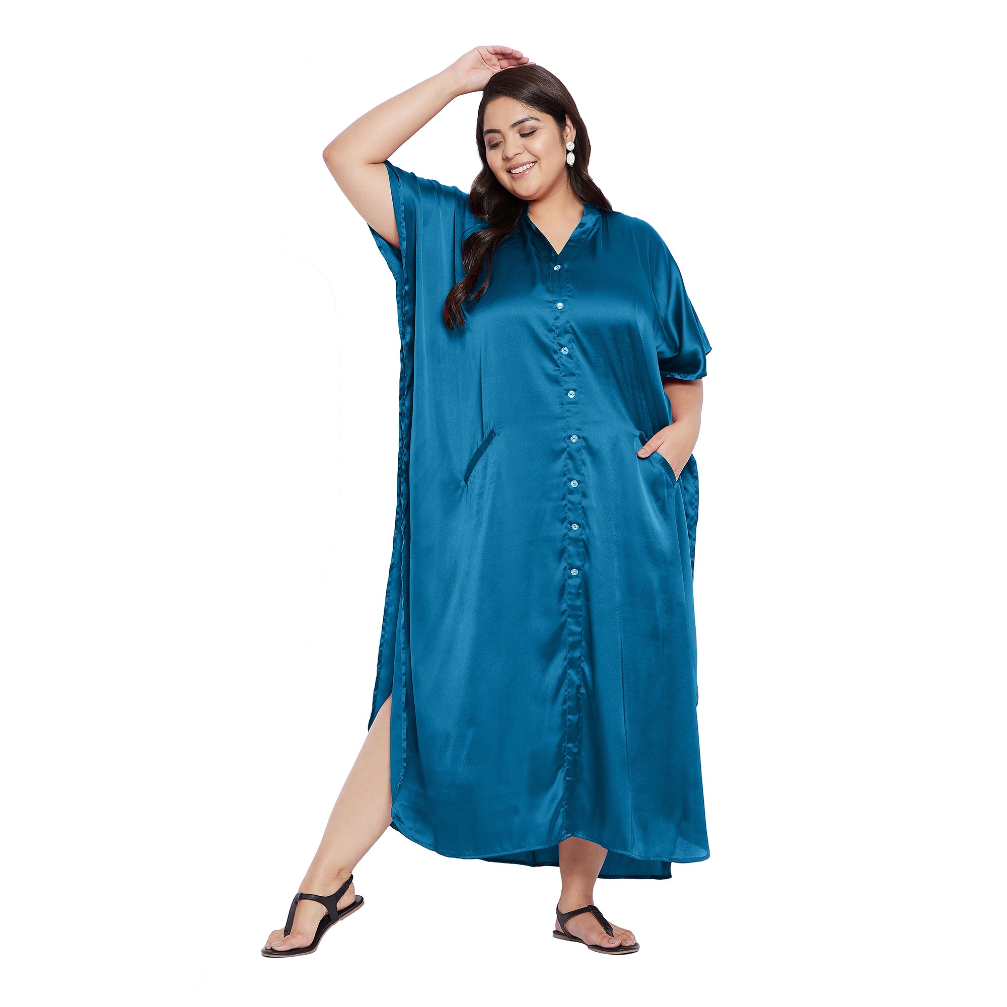 Solid Blue Satin Button Down Kaftan Plus Size Dress with Pockets for Women