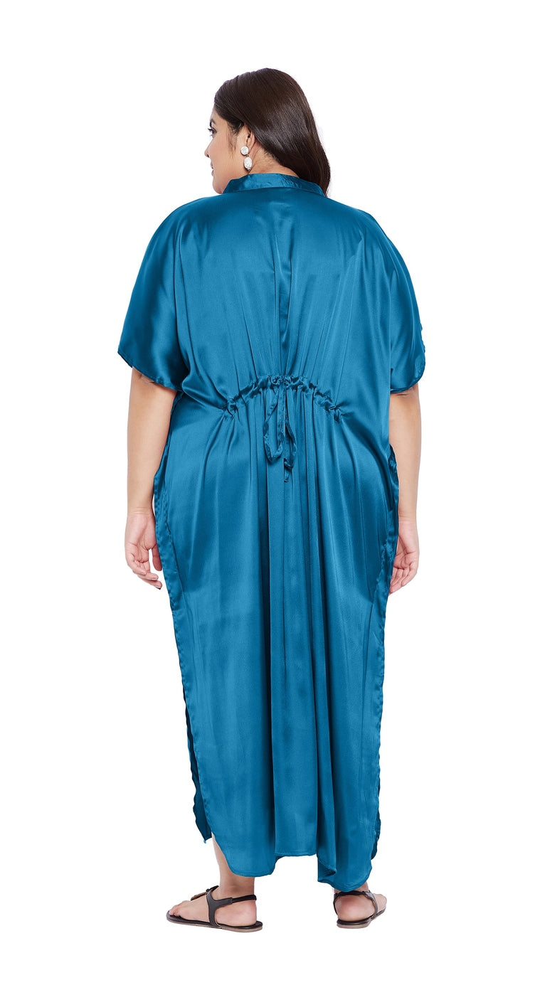 GypsieBlu Blue Azure Plus Size Satin Kaftan Dress for Women Kimono Sleeve 1X-3X