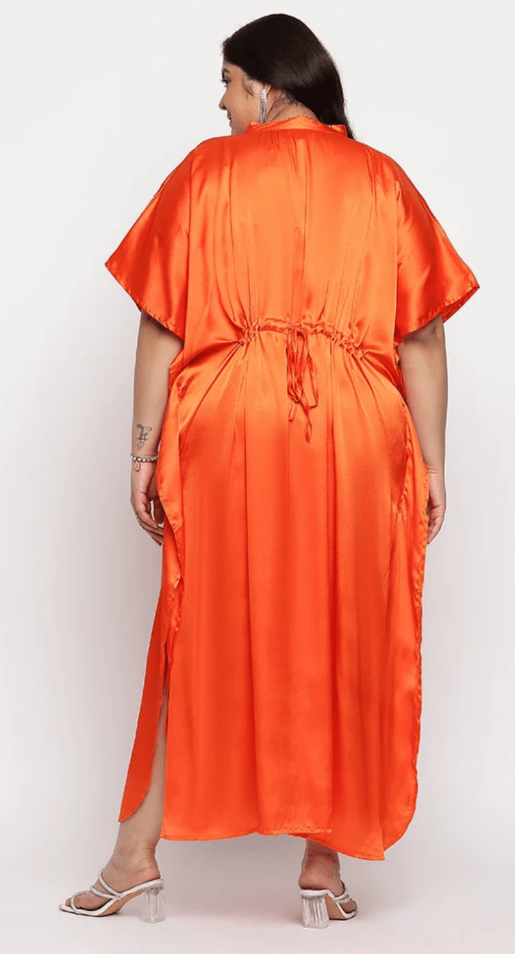 GypsieBlu Orange Satin Plus Size Button Kaftan for Women 3/4 Sleeve 1X-3X