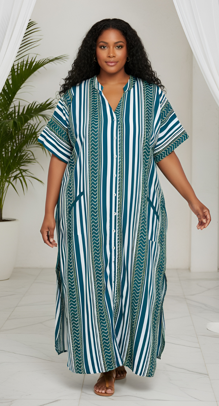 Printed Stripe Teal Polyester Button Kaftan For Plus Size Women