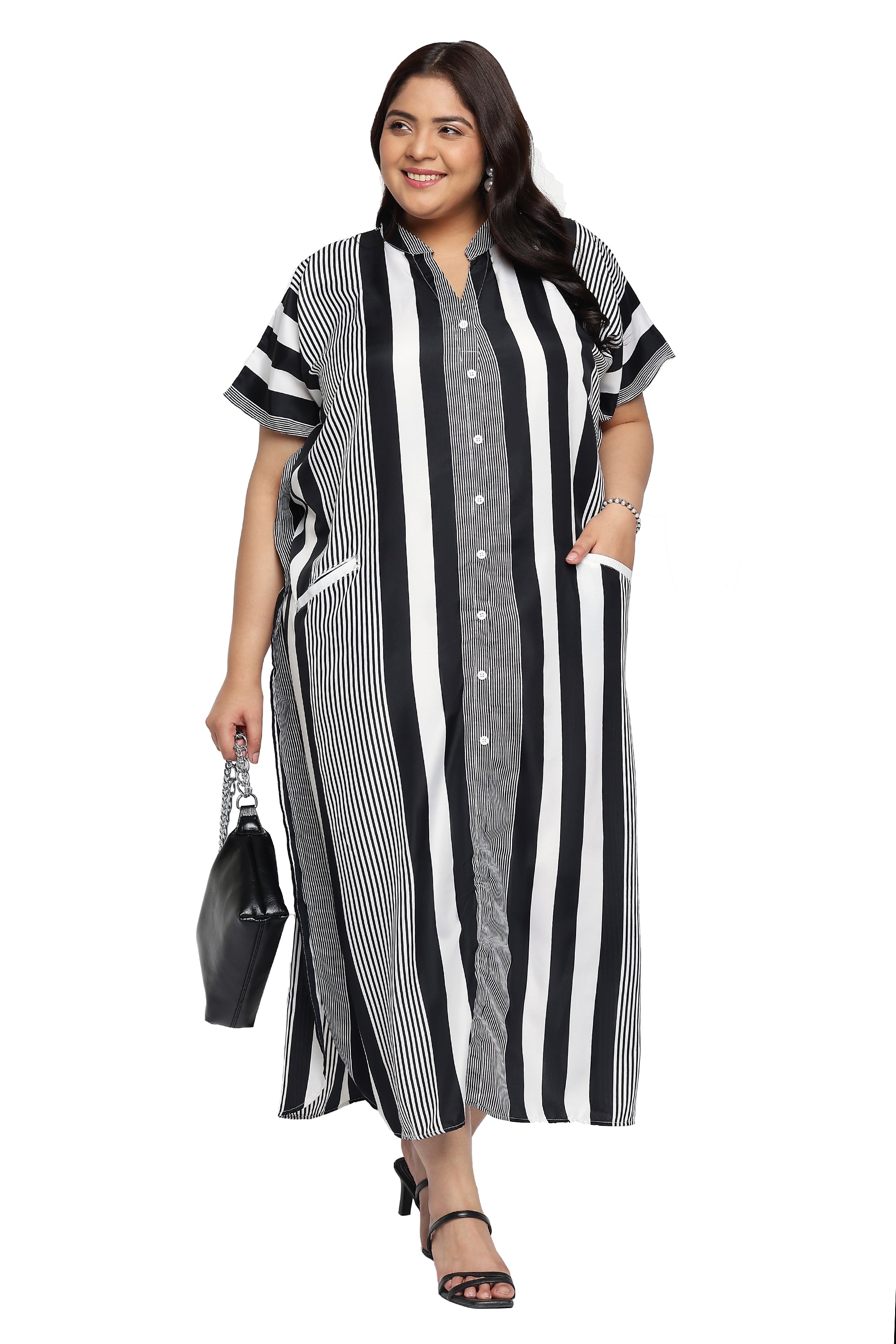 Black And White Striped Polyester Button Plus Size Kaftan For Women