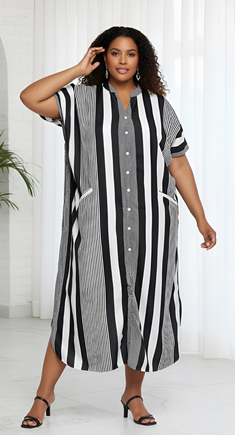 Black And White Striped Polyester Button Plus Size Kaftan For Women