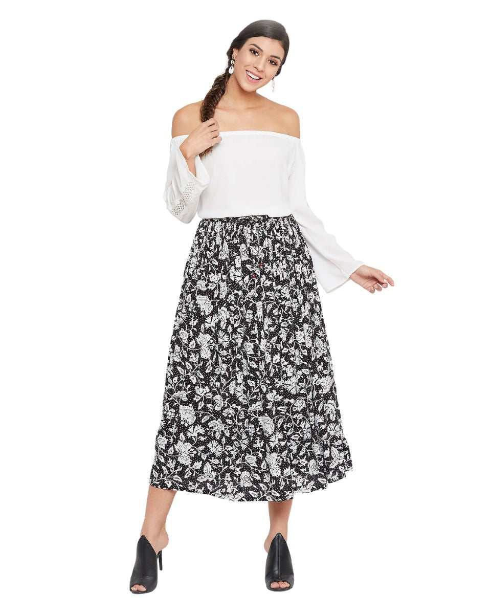 Floral A Line High Waist Drawstring Skirt Dress For Women