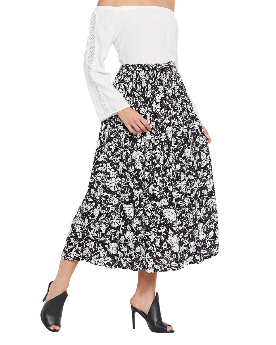 Floral A Line High Waist Drawstring Skirt Dress For Women