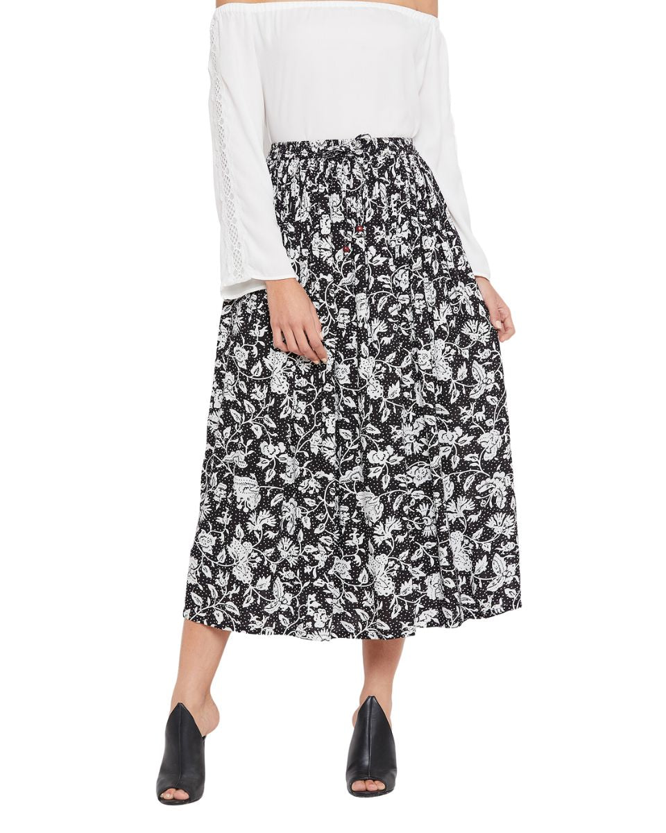 Floral A Line High Waist Drawstring Skirt Dress For Women