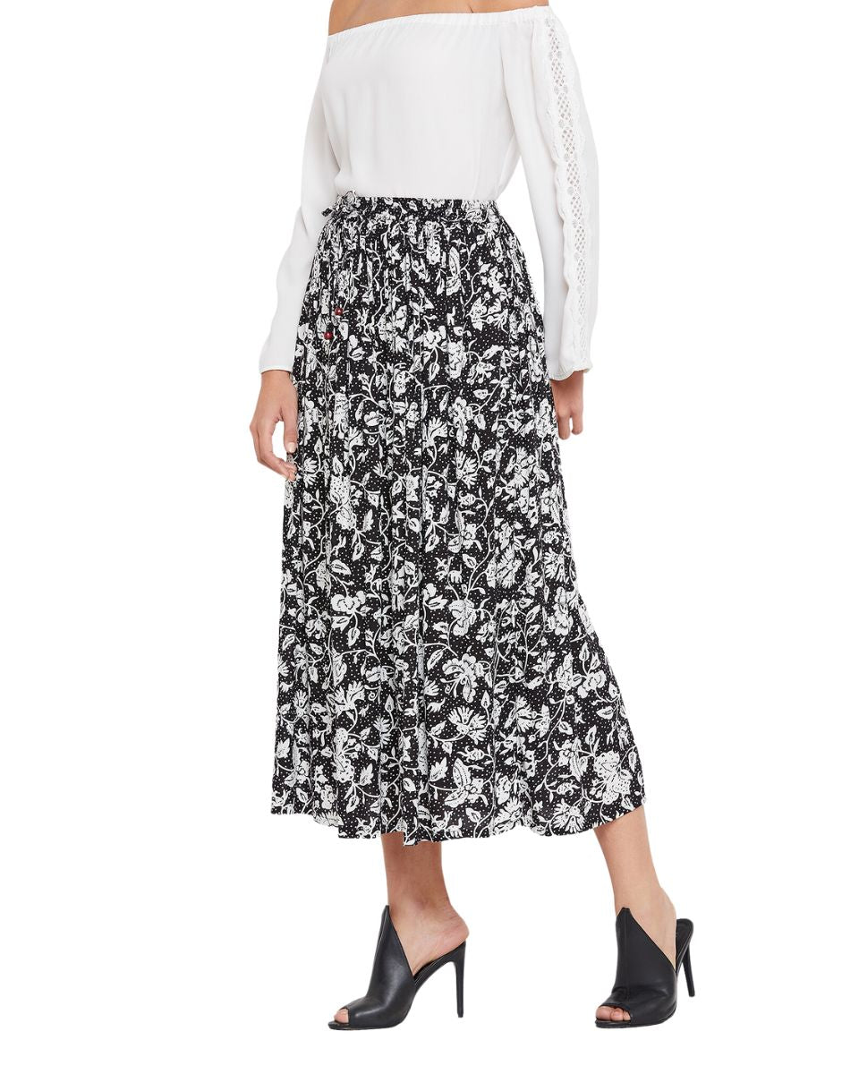 Floral A Line High Waist Drawstring Skirt Dress For Women