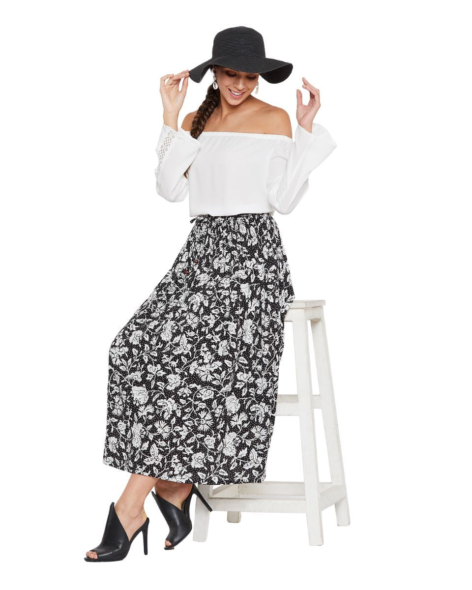 Floral A Line High Waist Drawstring Skirt Dress For Women