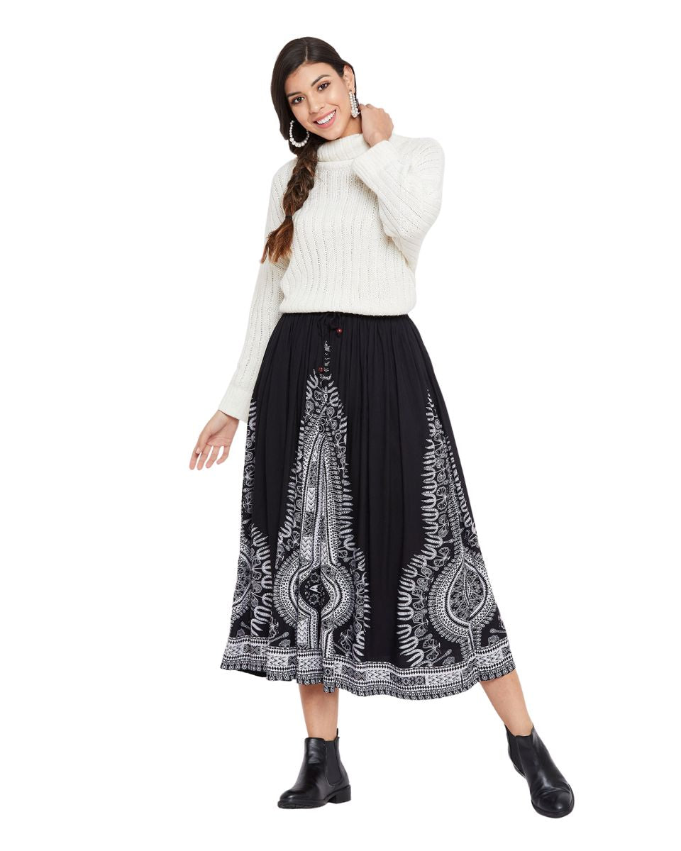 Black Rayon A Line Women Boho Midi Skirt for Beach Vacations