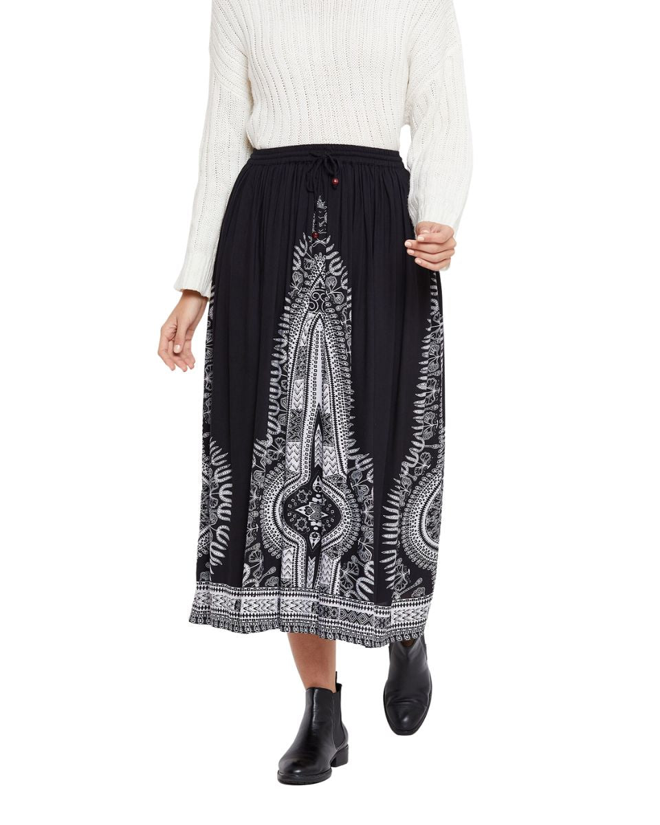 Black Rayon A Line Women Boho Midi Skirt for Beach Vacations