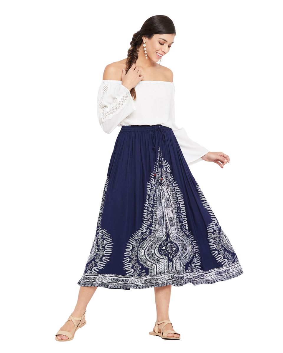 Blue Rayon A Line Elastic Casual High Waist Drawstring Midi Skirt For Women