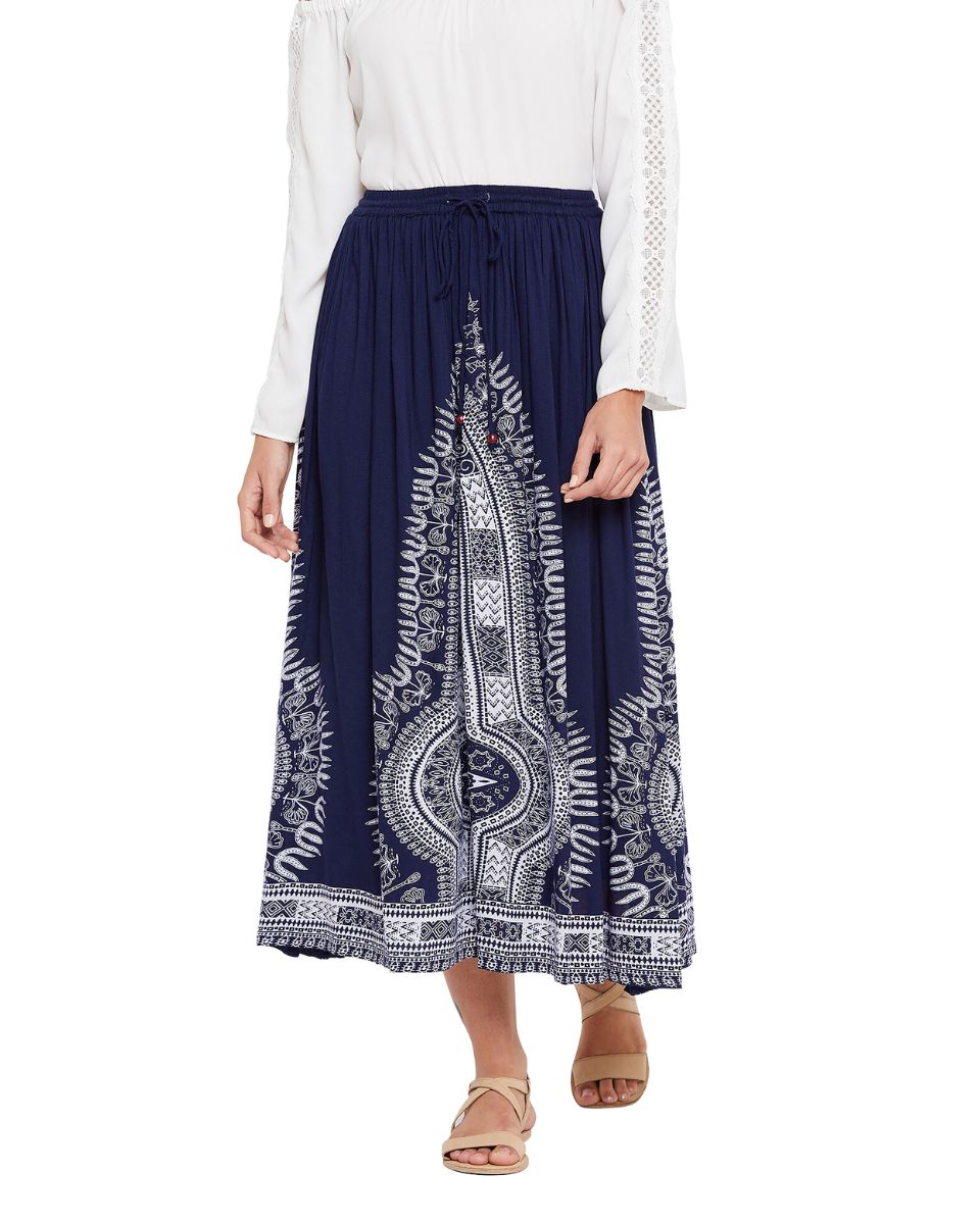 Blue Rayon A Line Elastic Casual High Waist Drawstring Midi Skirt For Women