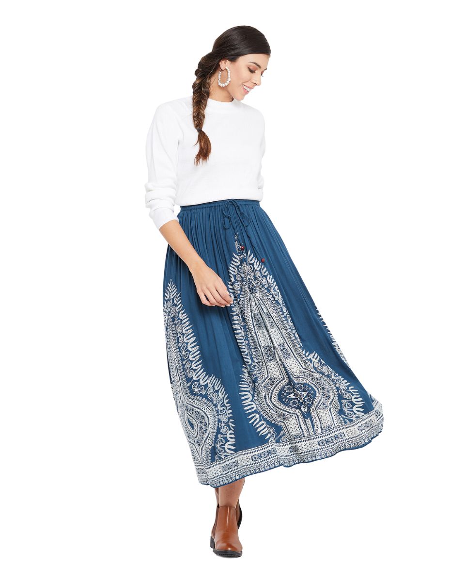 Denim Blue Rayon A Line Elastic Casual High Waist Drawstring Midi Skirt