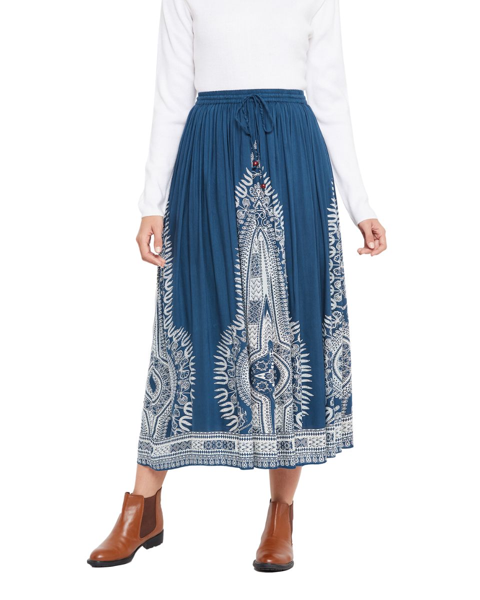 Denim Blue Rayon A Line Elastic Casual High Waist Drawstring Midi Skirt