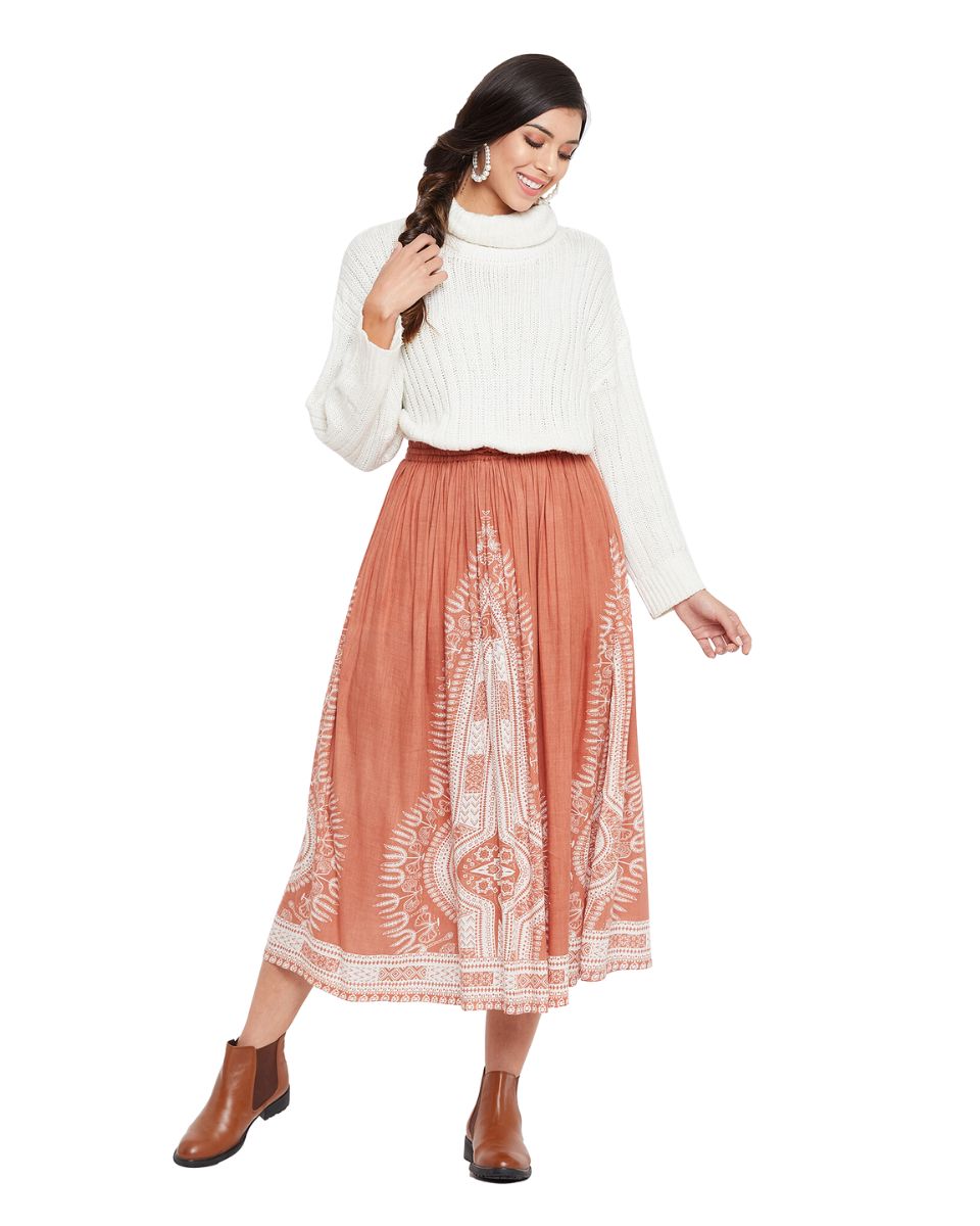 Rayon Rust A Line Elastic Casual High Waist Drawstring Midi Skirt