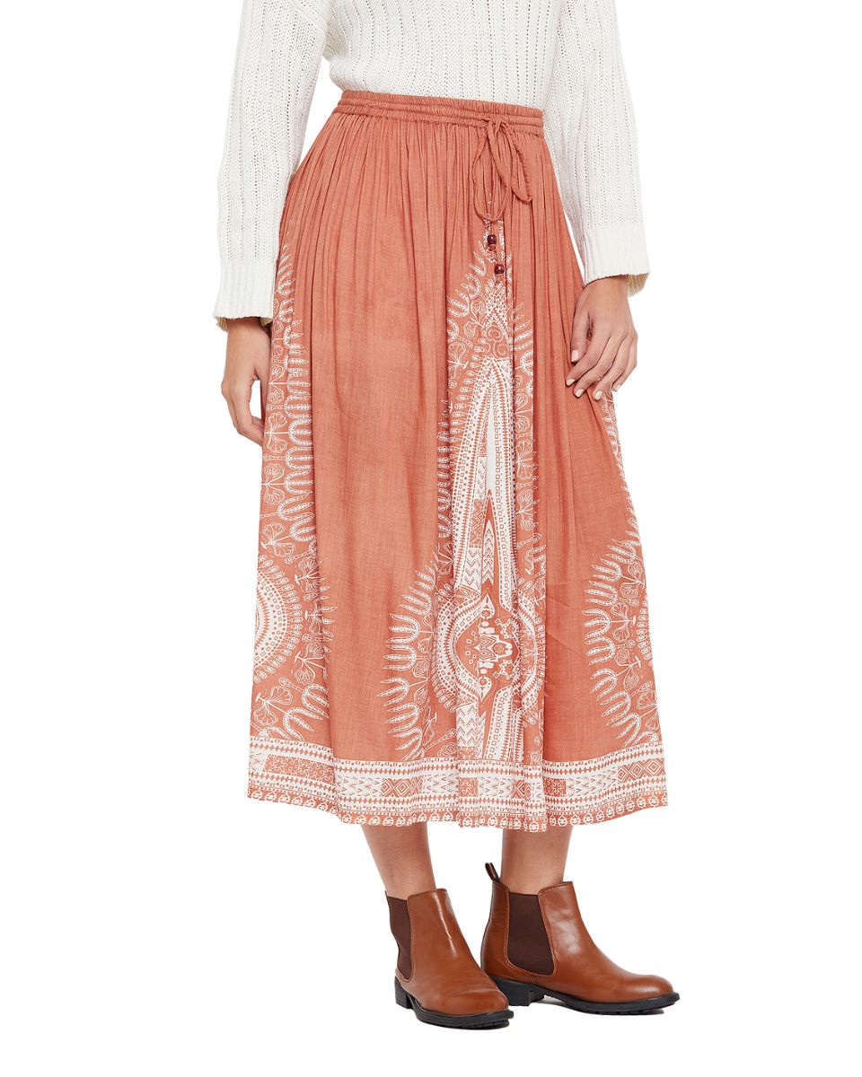 Rayon Rust A Line Elastic Casual High Waist Drawstring Midi Skirt