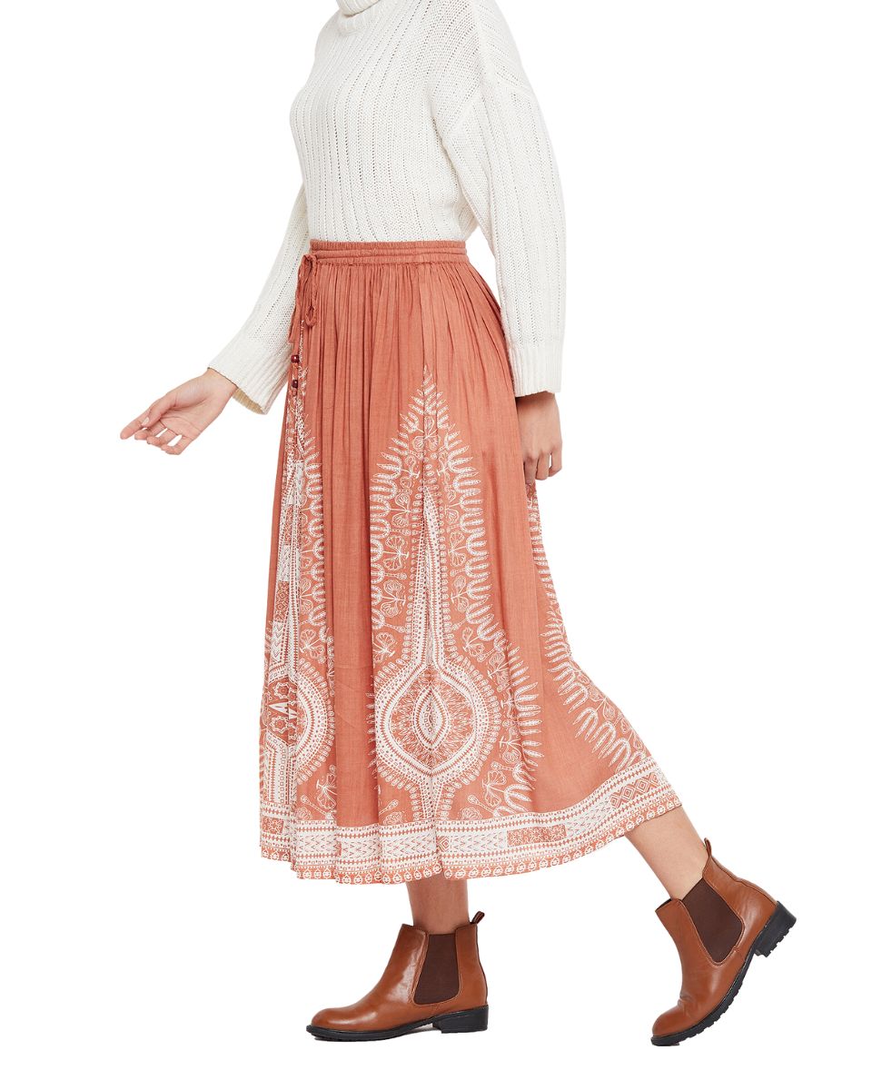 Rayon Rust A Line Elastic Casual High Waist Drawstring Midi Skirt