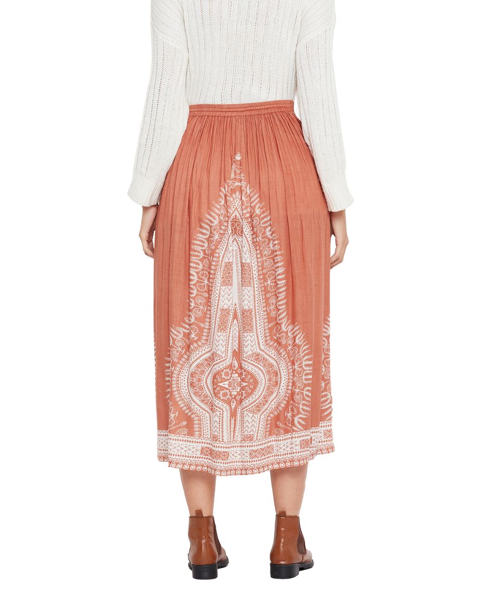 Rayon Rust A Line Elastic Casual High Waist Drawstring Midi Skirt