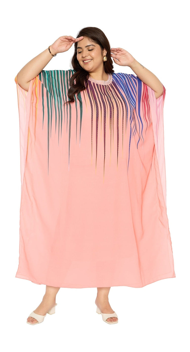 Pink Leaf Georgette Women Plus Size Kaftan Casual Dress - SKU GKT-1001 M - Gypsie Blu